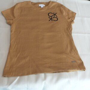 CALVIN KLEIN Women's Beige/Light Brown Short Sleeve Top Size Medium Like NEW